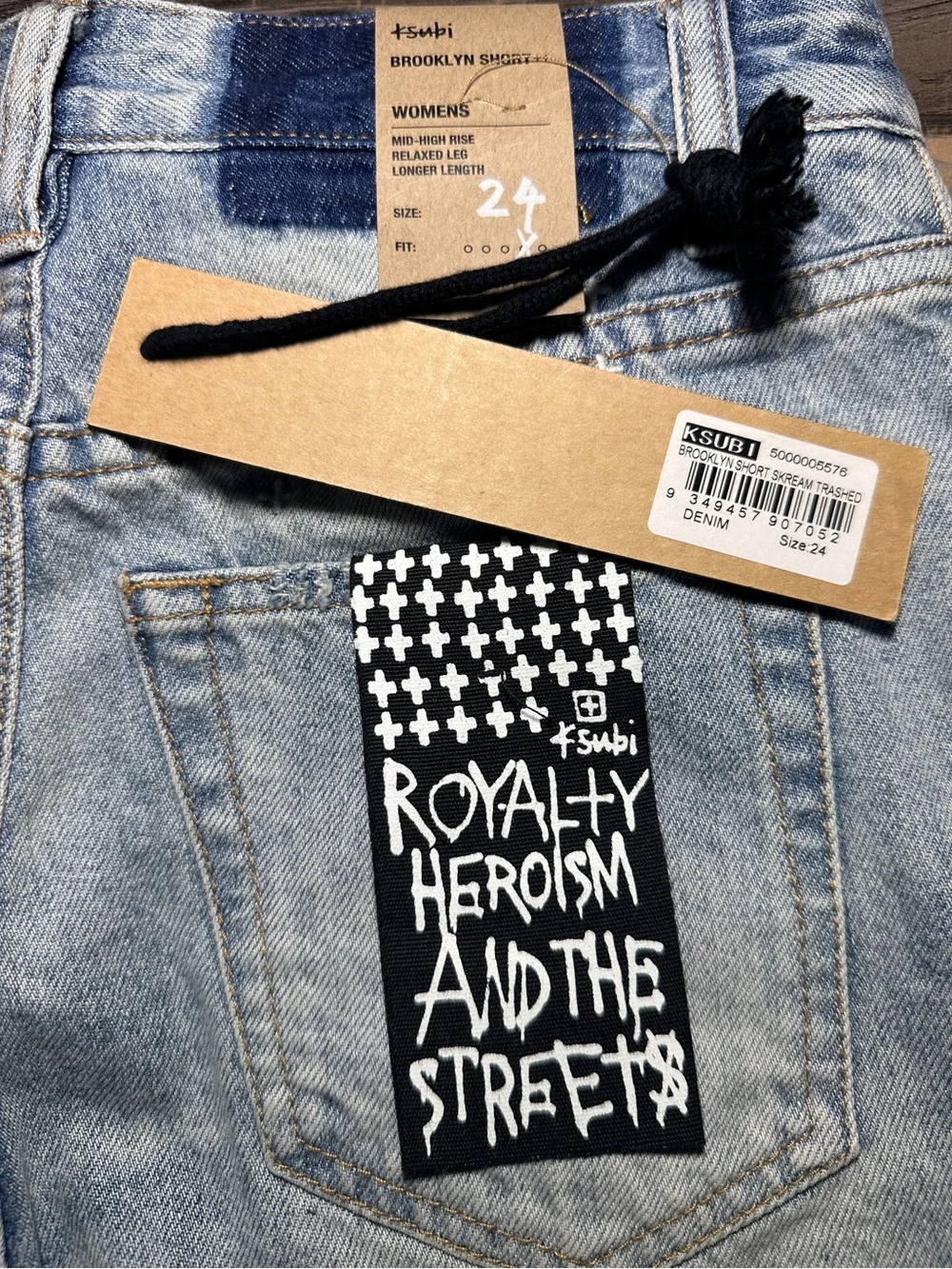 Ksubi Brooklyn Ripped Denim Bermuda Shorts 24 Blue Relaxed Mid Rise Long Jorts